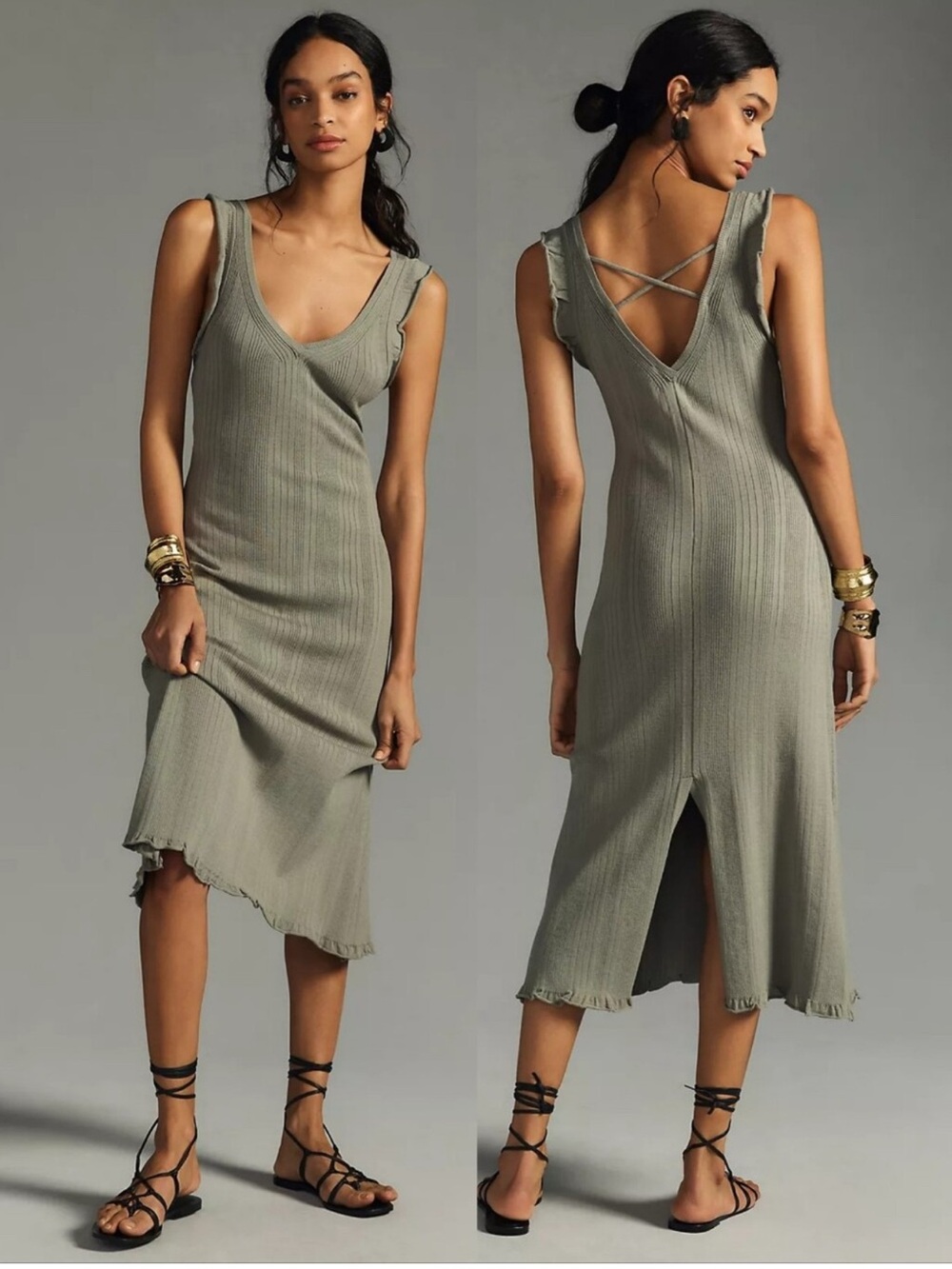 Anthropologie Daily Practice Ribbed Sweater Midi Dress, Moss Green, Size Medium